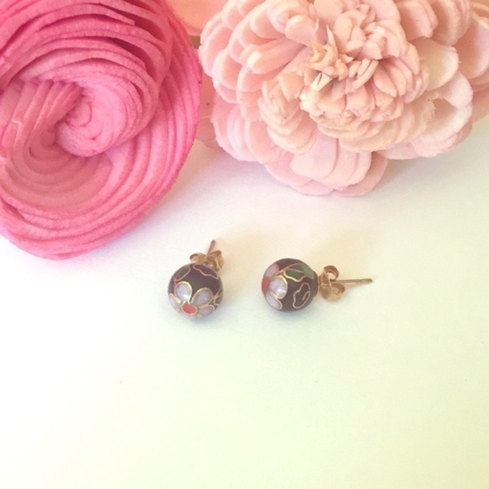 Unique Cloisonné Purple and Navy Flower Stud Earrings with Gold Details
